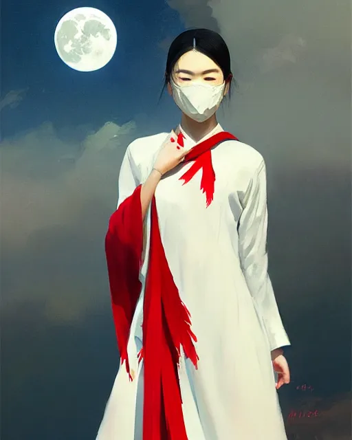 Prompt: asian female with white cloth mask wearing traditional red ao dai, full moon on the sky, digital illustration by ruan jia, a ultra detailed beautiful panting by ilya kuvshinov, greg rutkowski and makoto shinkai, trending on artstation