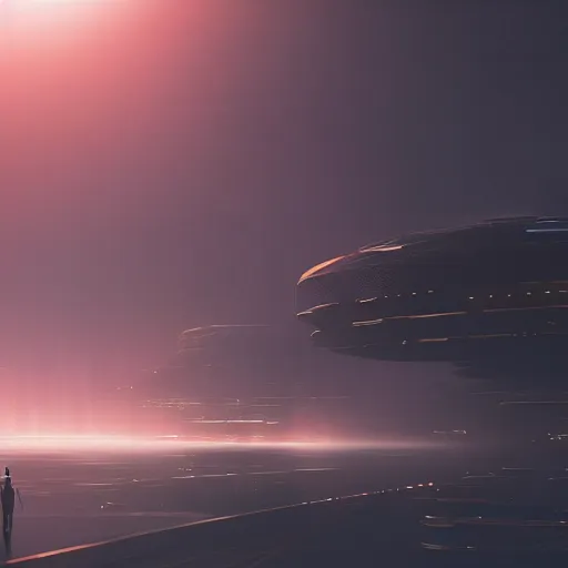 Prompt: cinematic view, giant futuristic cyberpunk spacecraft with small character silhouette in the foreground, blade runner, dense fog, bloom, cinematic lighting, ultra detailed, trending on artstation, dune style, mid tone, denis villeneuve