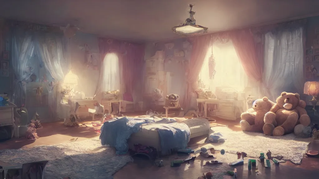 Image similar to a Photorealistic hyperrealistic render of an interior of a beautifully decorated spoiled child's beautiful bedroom with a giant teddy bear sitting on the floor by PIXAR,Greg Rutkowski,WLOP,Artgerm,dramatic moody sunset lighting,long shadows,Volumetric, cinematic atmosphere, Octane Render,Artstation,8k