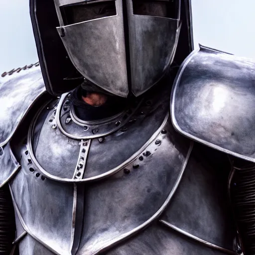 Prompt: a head and shoulders action portrait photo of a knight in obsidian armor