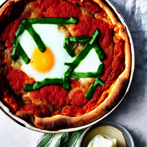 Prompt: a delicious fried egg deep dish pizza with green ketchup sauce.