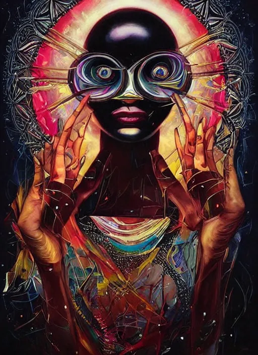 Image similar to gorgeous magic cult psychic woman smiling, third eye, subjective consciousness psychedelic, epic surrealism expressionism symbolism, story telling, iconic, dark robed, oil painting, symmetrical face, dark myth mythos, by Sandra Chevrier, Noriyoshi Ohrai masterpiece