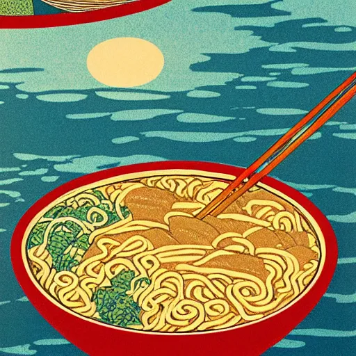 Prompt: bowl of ramen in the sea at sunset in the style of hasui kawase, as a bauhaus vintage exhibition poster, vintage, grainy