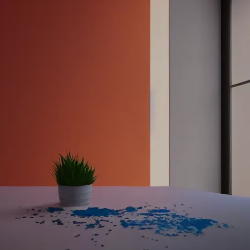Image similar to White mug, hyperrealism, diffuse shadows, orange and blue diffuse shadows unreal engine 5 tech demo, zillow interior, cool tint, vivid colors, metallic reflective, octane render, Frank Lloyd Wright ((Studio Ghibli))
