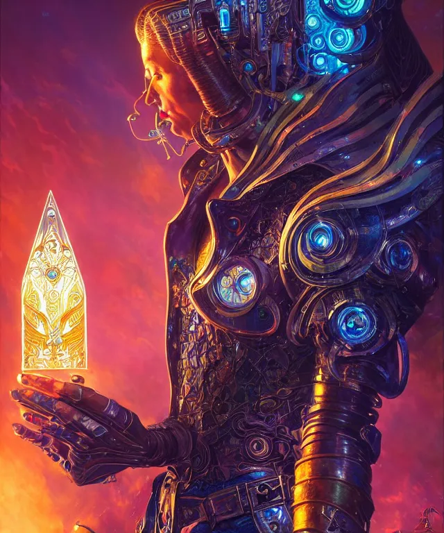 Image similar to a beautiful tarot card artwork of a cyberpunk crystal paladin, backlit, dazzling, highly detailed, digital painting, by karol bak and eddie mendoza and dan mumford and artgerm, vivid colors, masterpiece, detailed shading, 8 k resolution, intricate, smooth