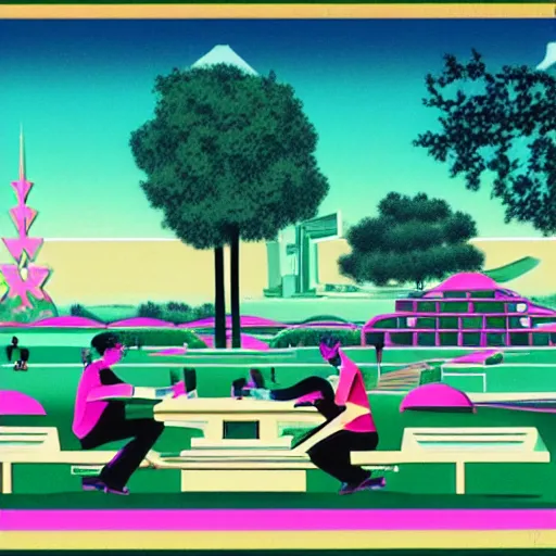 Image similar to art deco vaporwave illustration of a park with trees, benches, and a couple people playing mahjong, with a futuristic pink pastel city in the background