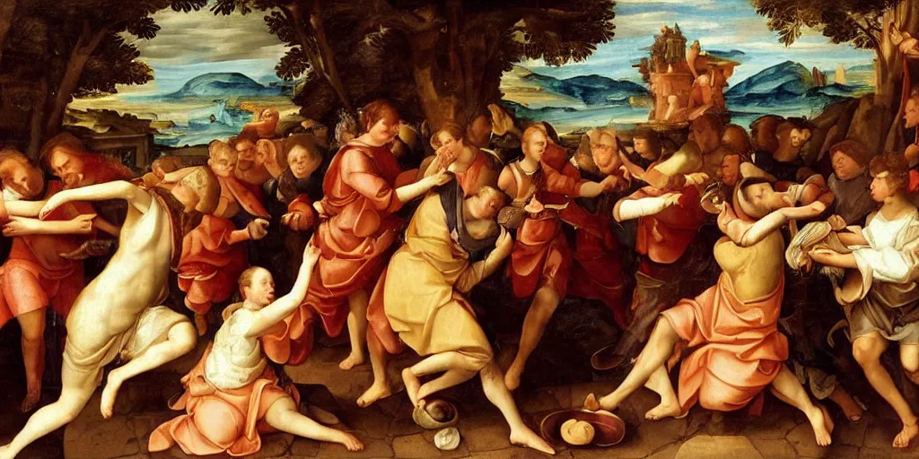 Image similar to renaissance era painting of a food fight