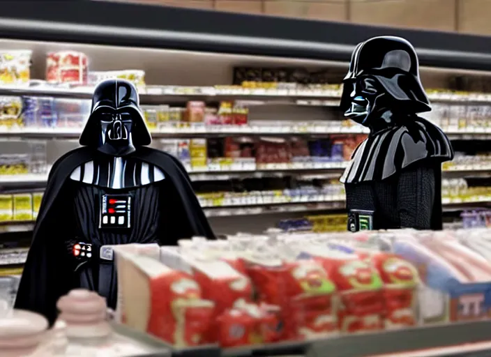 Image similar to film still of Darth Vader working as a cashier at a grocery store in the new Star Wars movie, 4k