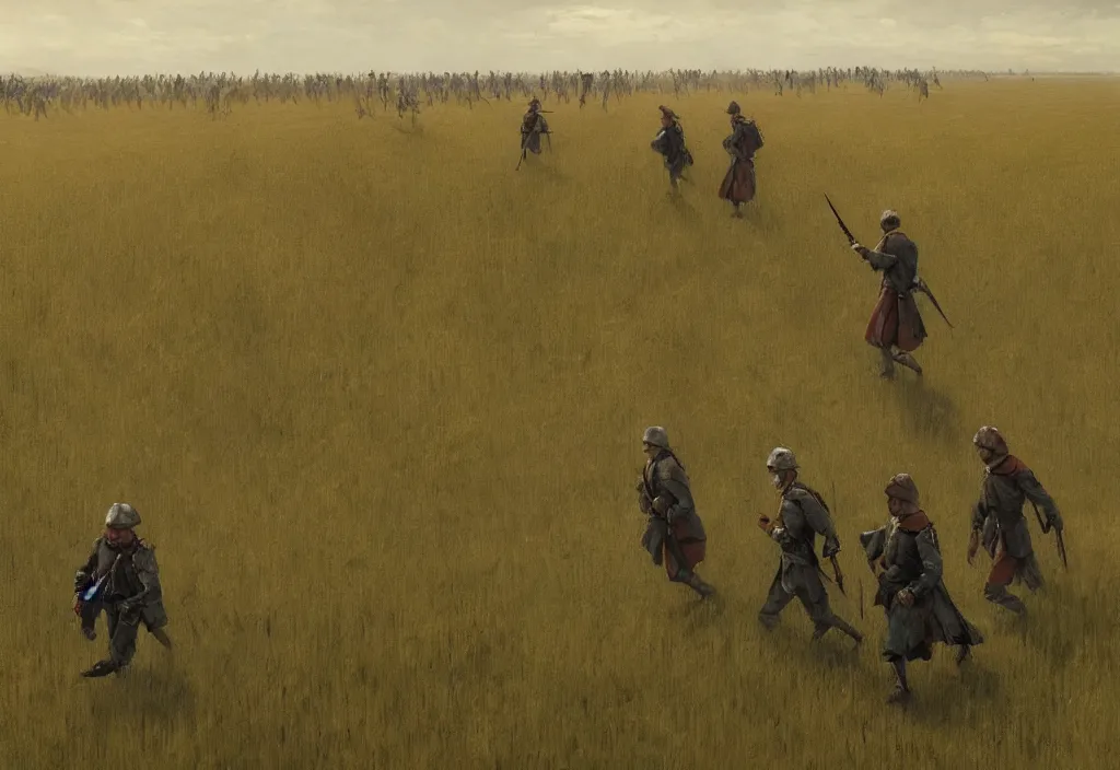 Image similar to swedish carolean soldiers marching across a wheat field, artstation, jakub rozalski, smoke, high detail