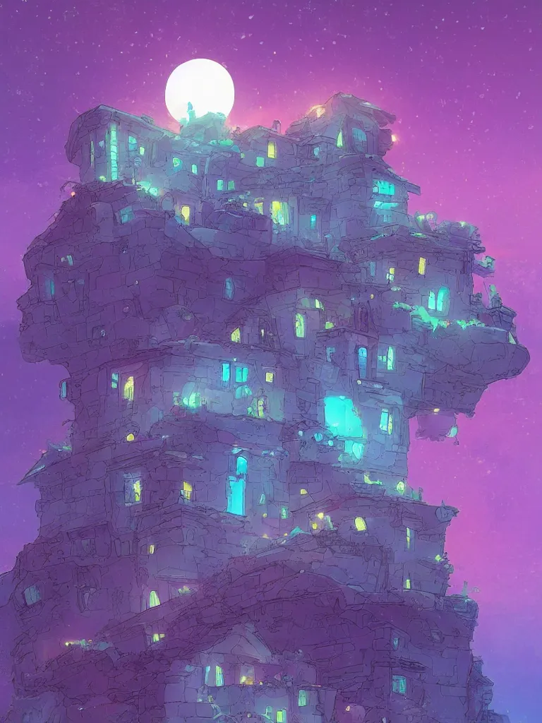 Image similar to a digital art of a small house on the cliff, a huge icy blue moon, a purple sky full of small stars, by laurie greasley, artstation, studio ghibli color scheme, light effect, highly detailed, by anton fadeev