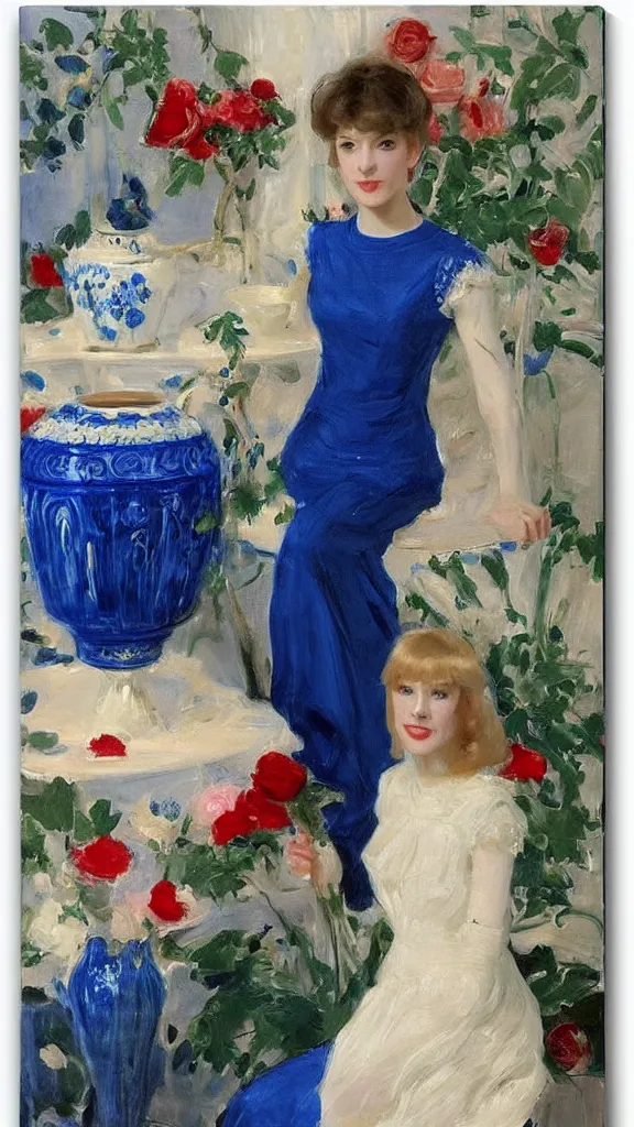 Image similar to clear face of young julee cruise in detailed golden sleeve balloon lace dress beside a pot of red roses set near a persian blue detailed pot by john singer sargent