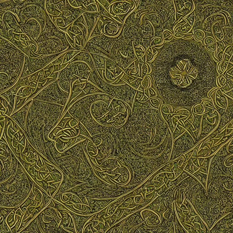 Image similar to medieval celtic arabic ornament with mystic birds and flowers, highly detailed, photorealistic, octan render, 3 d, green and gold, fractal, mandelbrot,