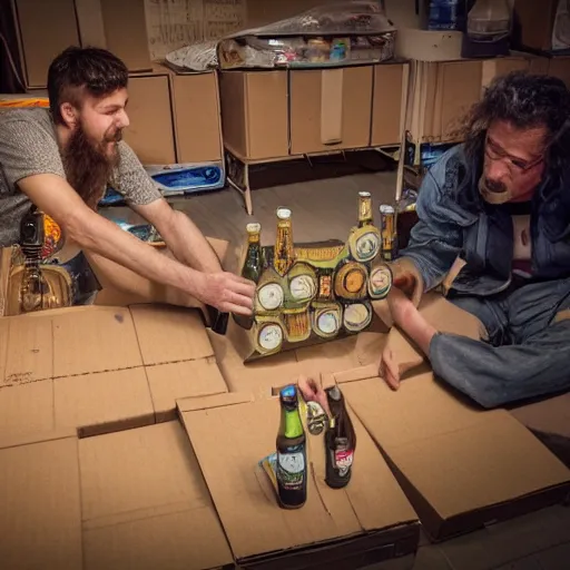 Image similar to a dlsr photo of two hobos creating a time machine from beer bottles and cardboard boxes. symmetry. awesome exposition. very detailed, 5 0 mm lens, professional lighting diffracted lightrays 4 k.