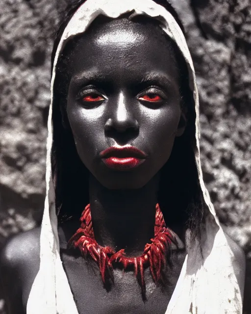 Prompt: ancient nilotic african androgynous vampire woman with demonic eyes, photograph, 3 5 mm film