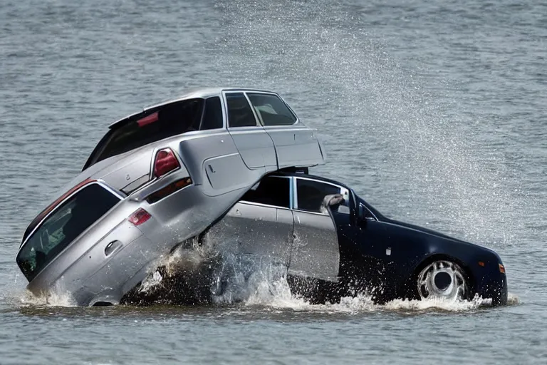 Image similar to Group of teenagers push Rolls-Royce into lake with their hands from a small slide wanting to drown him