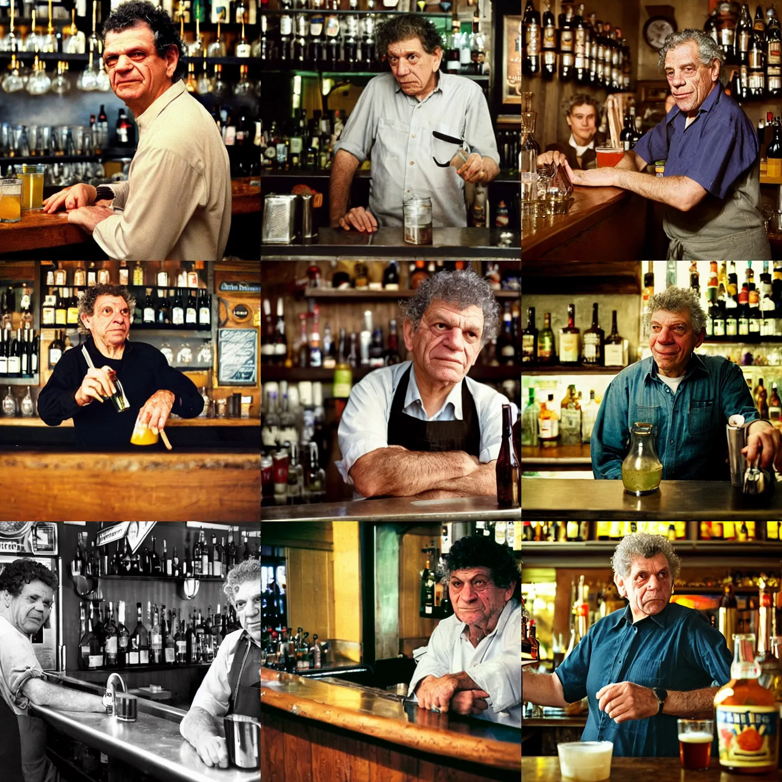 Prompt: candid portrait photograph of moe szyslak working behind a bar in a pub, photo by annie leibowitz and steve mccurry