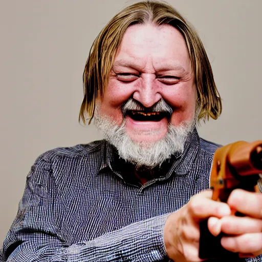 Prompt: robert wyatt laughing maniacally and pointing a gun directly at the camera