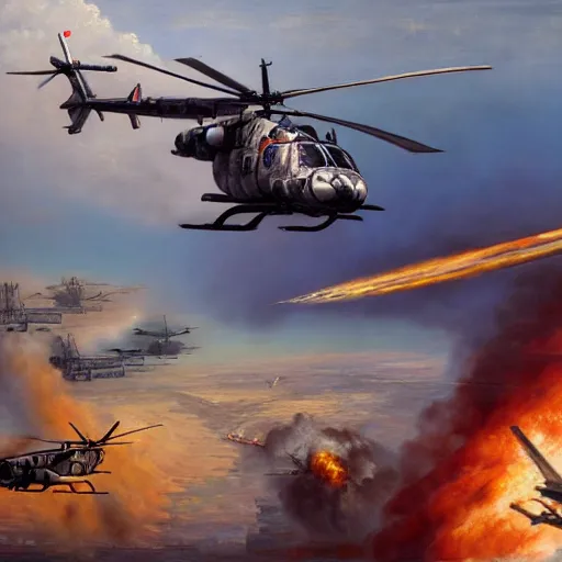 Image similar to a painting of helicopter getting shot down in the gulf war by Bernardo Bellotto, high detail, hyperrealistic, concept art, artstation, 8k