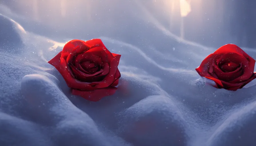 Image similar to red rose in the snow, sunlight, volumetric light, hyperdetailed, artstation, cgsociety, 8 k