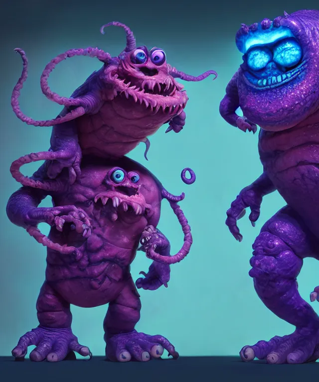 Prompt: a two headed xanathar made of bioluminescence in the art style of monsters inc, crisp 8 k line art, digital painting, artstation, unreal engine, octane render, emissive lighting, concept art, matte, sharp focus, hyper realistic lighting, illustration, deep royal blue and pink color scheme, art by josan gonzalez