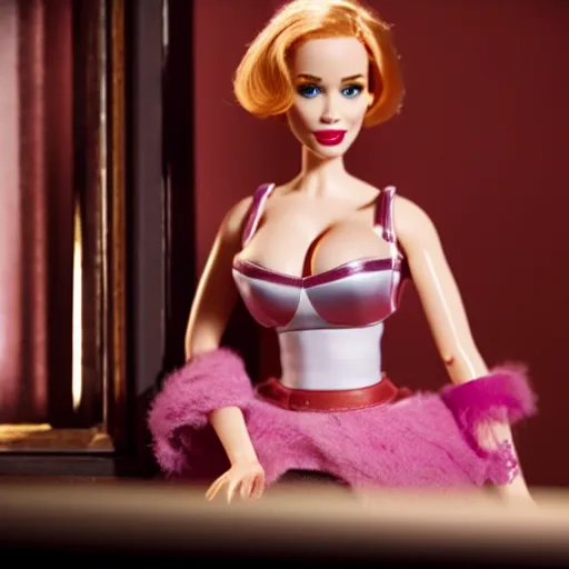 Image similar to amazing beautiful Christina Hendricks barbie doll wearing leather in the living room, film still from the movie directed by Denis Villeneuve , wide lens