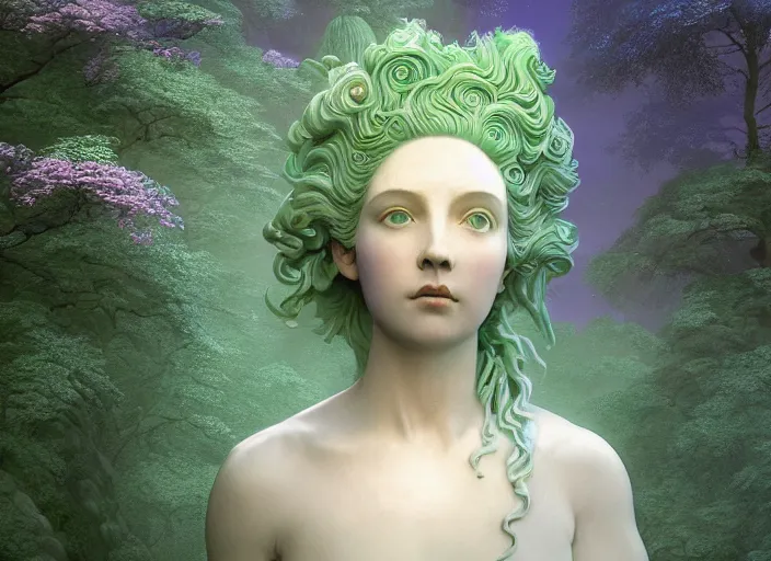 Prompt: a portrait of idealistic marble statue with fractal flowery hair and fair porcelain face and green eyes, in a magical forest, painted by, mc escher, gordon onslow ford, georgia o'keeffe and ivan aivazovsky, cinematic light, god rays, colourful, watercolour, unreal engine, zbrush central,