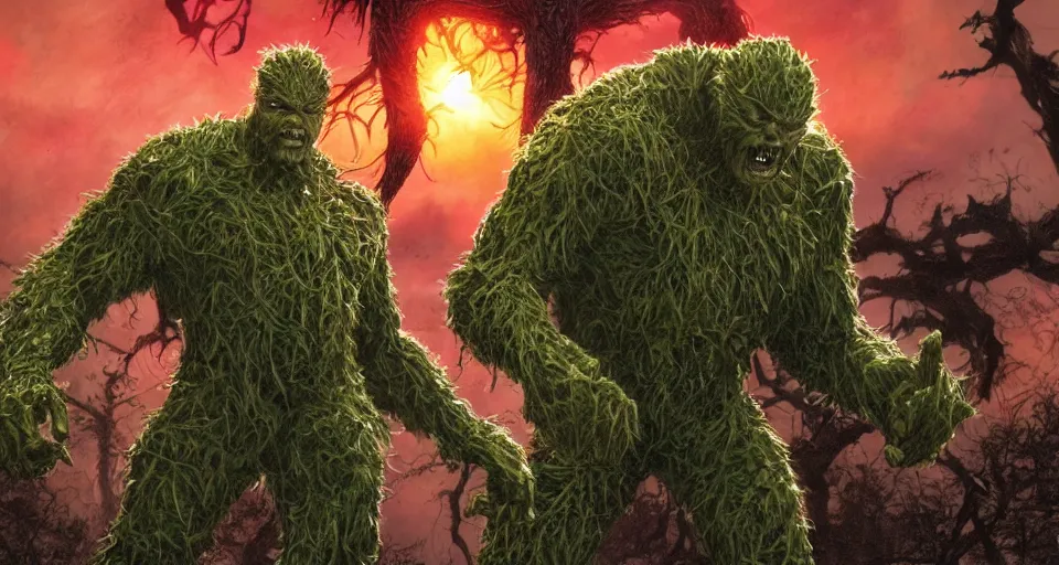 Image similar to Marvel Comics Man Thing Battles DC Comics Swamp Thing In A Misty Swamp, bats, sunset, volumetric lighting, hyperrealistic, beautiful details, HDR, octane render, action shot, wide angle, bokeh, Yasushi Niarasawa Moebius Jim Steranko Style