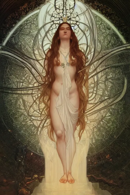 Image similar to a full body portrait of a beautiful ethereal delicate mage queen meditative sacral pose catholic stages of the cross, intricate, elegant, highly detailed, digital painting, artstation, concept art, smooth, sharp focus, illustration, art by krenz cushart and artem demura and alphonse mucha