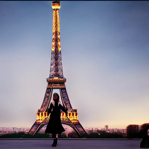 Image similar to !dream an 18 year old woman dancing in front of the eiffel tower in the year 2154, dramatic lighting