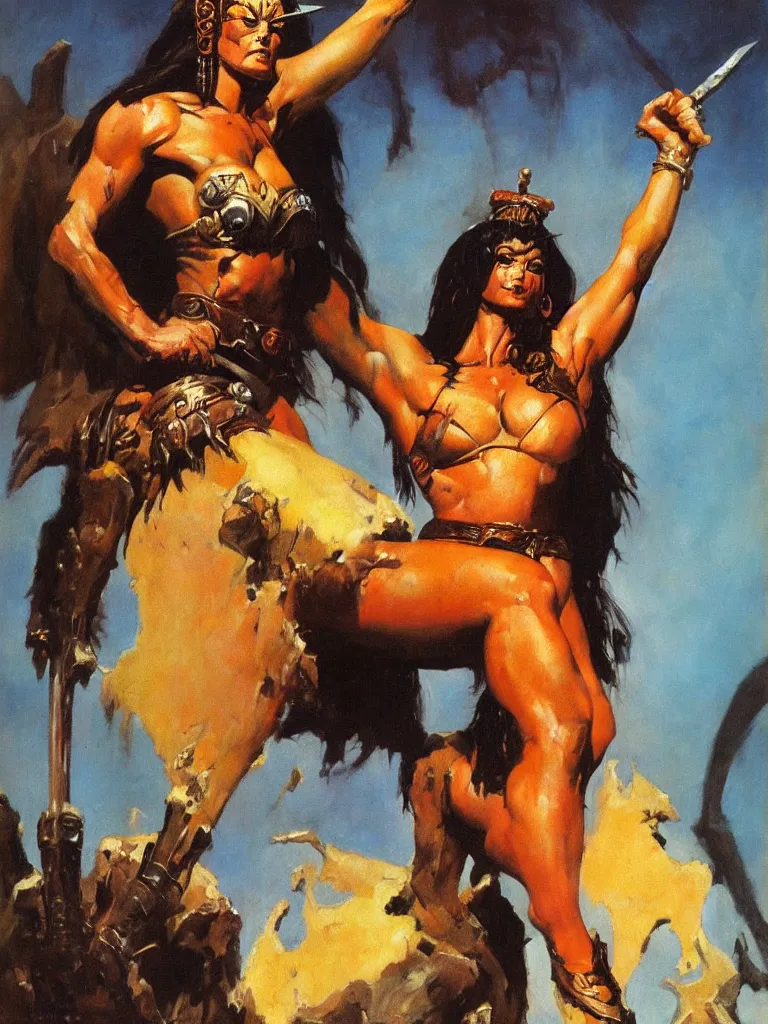 Prompt: portrait of the barbarian queen of saturn. oil on board, by frazetta.