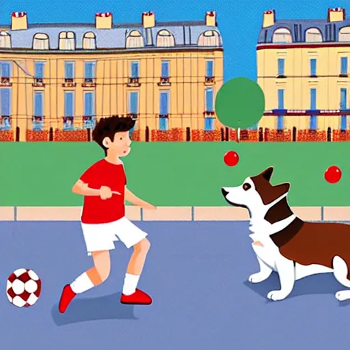 Prompt: illustration of boy playing football with a corgi wearing a polkadot scarf on the streets of paris