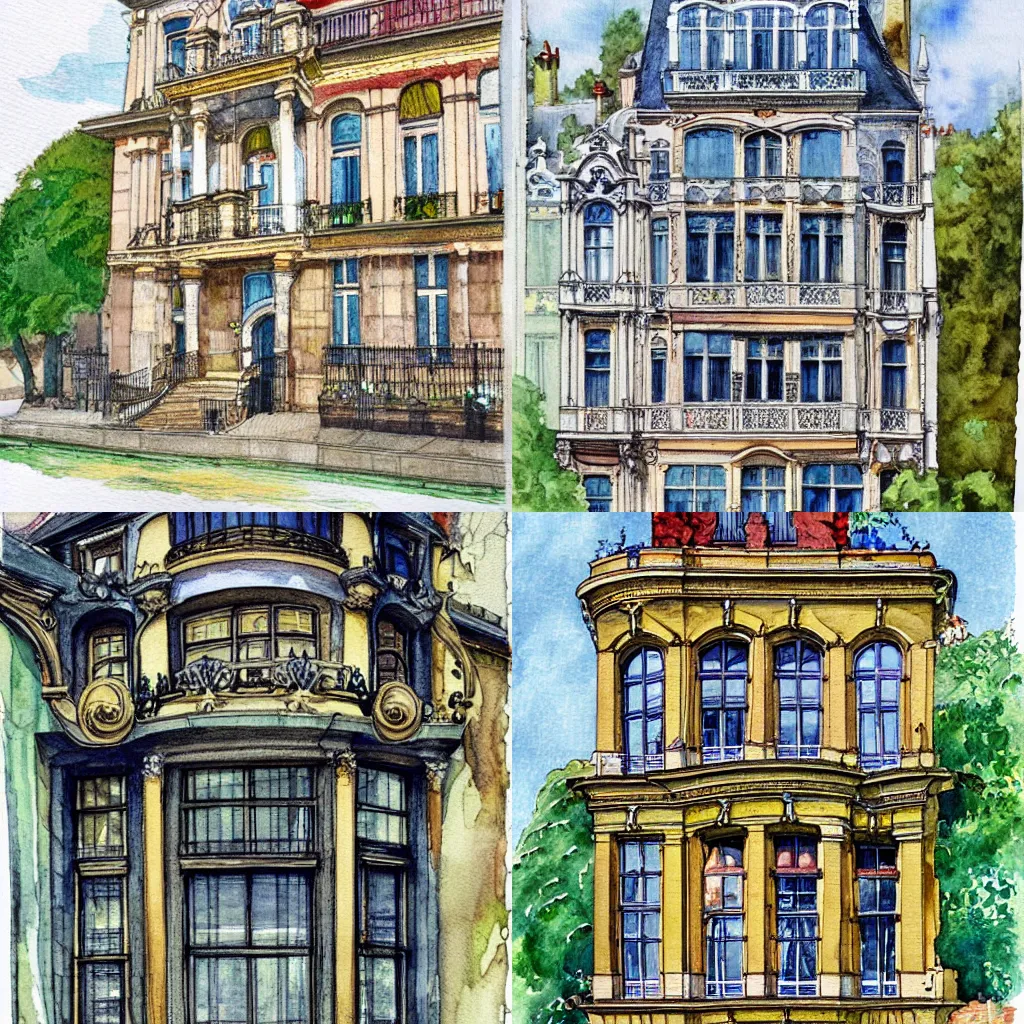 Prompt: Facade of an art nouveau mansion in Brussels, watercolor illustration, very detailed, whimsical, award winning