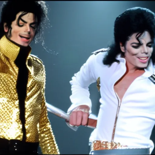 Prompt: Michael Jackson and Elvis epic stage performance, hyper realistic, 4k