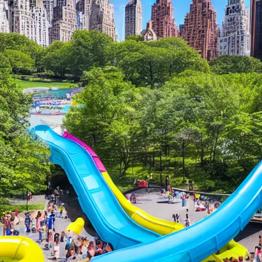 Image similar to photo of a large water park with numerous slides and water rides inside of central park. the new york city skyline is shown in the background.