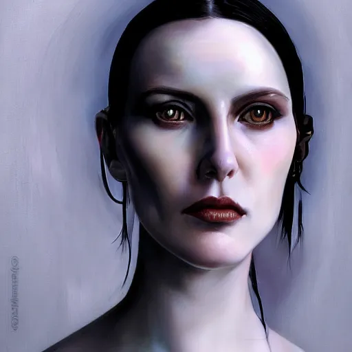 Prompt: surreal portrait of a woman by Greg Rutkowski and H.R Giger, symmetrical face, she is about 30 years old, she is about 30 years old, pretty, blond hair with two strans around her face, slavic features, melancholic gaze, pretty aquiline nose, transformed into a kind of biomechanical transhuman goddes, uncany but fascinating, sad but determined look, cosmic void background, frightening, fascinating, highly detailed portrait, digital painting, book cover, artstation, concept art, smooth, sharp foccus ilustration, Artstation HQ