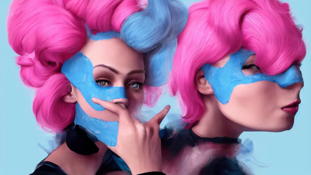 Image similar to beautiful woman with her hair in large pink hair rollers and blue face mask trending on artstation, 8 k