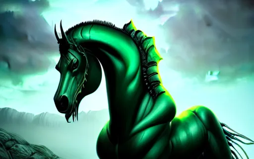 Image similar to an epic fantasy comic book style portrait painting of an giant abyssal green alien horse, menacing. unreal 5, daz, hyperrealistic, octane render, cosplay, rpg portrait, dynamic lighting