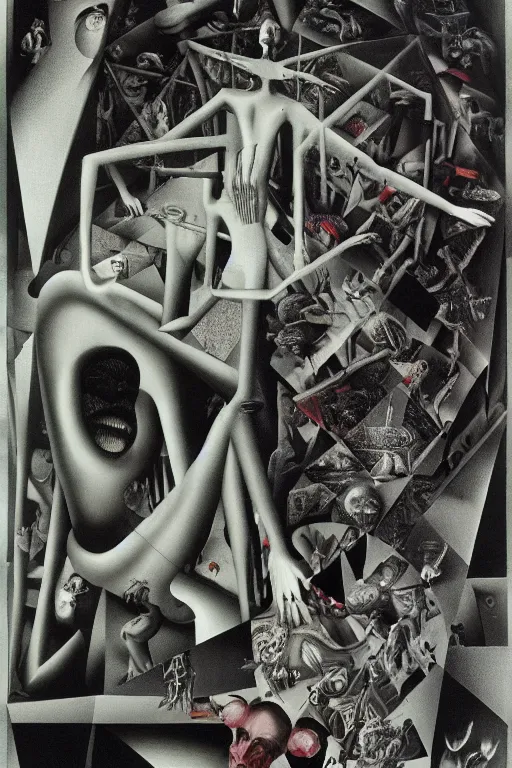 Image similar to dada nihilist discordian surreal collage made of cut up art by mc escher, walt disney, hr giger and beksinski. 8 k resolution. william s burroughs