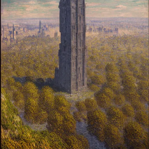 Image similar to an ultra detailed matte painting of a lonely and impossibly tall ominous dark tower elevated high above the city, on an isolated plateau island in a river elevated high above the city fortress tower, fantasy capital city, ultrawide lense, aerial photography, volumetric lighting, exquisite detail, 8 k, art by claude monet and van gogh and greg rutkowski and alphonse mucha