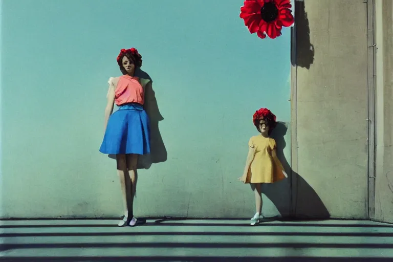 Image similar to giant flower head, girl standing, 1 9 6 0 window, surreal photography, symmetry, mid century, flat perspective, bright colours, blue sky, realistic, wes anderson