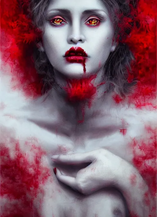 Image similar to dramatic red matte portrait painting of woman with black mandelbrot fractal instead of face, horror, body horror, dark art, 4 k, detailed, realistic, psychotic, insane, crazy, mental illness, dramatic,