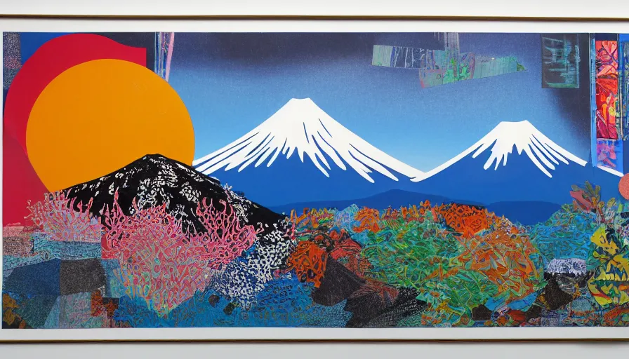 Image similar to award winning graphic design poster, cutouts constructing an contemporary art depicting a lone mount fuji in the distance behind a mountain range isolated on white, rural splendor, and bountiful crafts, local foods, edgy and eccentric abstract cubist realism, composition confined and isolated on white, mixed media painting by Leslie David and Lisa Frank for juxtapose magazine