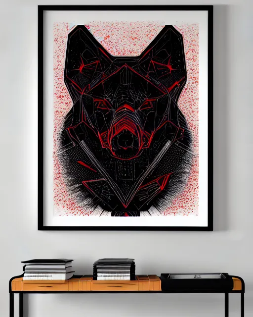 Prompt: Black red ink smoke plasma wolf portrait, cybernetic retrofuturistic noir, geometric art by dan mumford