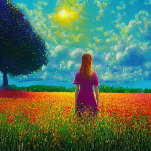 Image similar to girl made from large flower, standing in flower field, surreal photography, big trees, sunrise dramatic light, impressionist painting, colorful clouds, digital painting, pointillism, artstation, simon stalenhag