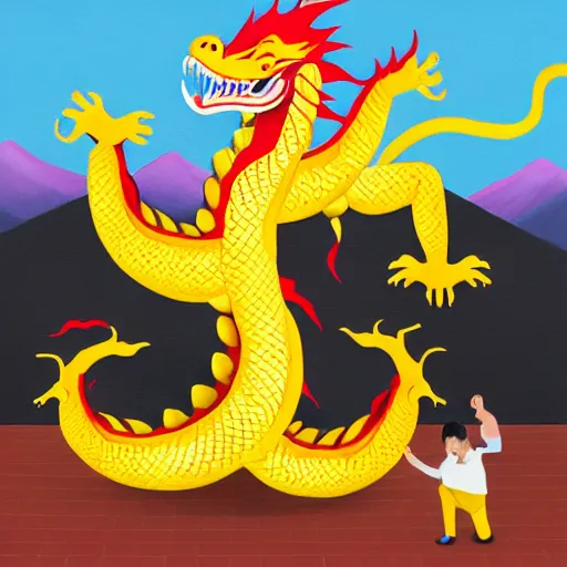 Image similar to Chinese president, bananas, dragon, fight, flaming mountain, fighting stance, painting