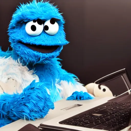 Prompt: cookie monster using a computer in a spaceship