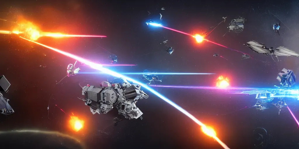 Image similar to spacecraft battle scene, cinematic scifi shot, laser fire, explosions, ultra realistic details, 8 k