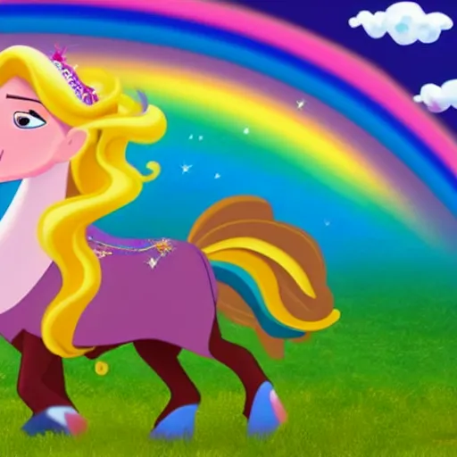 Image similar to a princess with extremely long blond hair from a cartoon riding a unicorn over a rainbow, pixar style