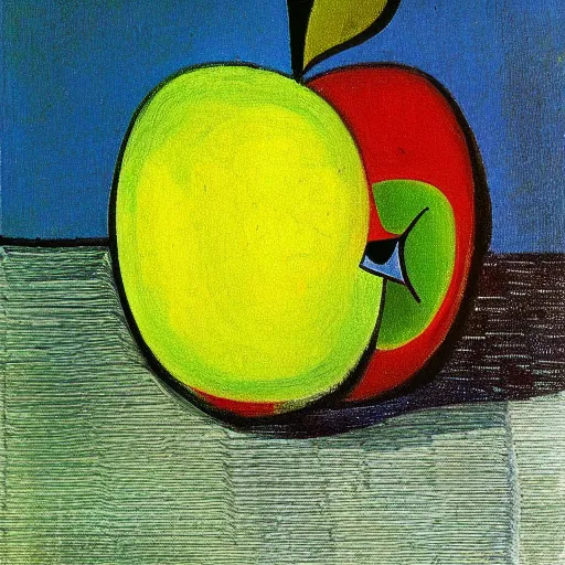 Prompt: high definition portrait of an apple by Pablo Picasso