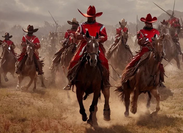 Prompt: cinematic shot of cowboy outriders on horseback wearing suits of armor and cowboy hats fighting with swords in battle against enemies in red armor by Greg Rutkowski, 4k, masterpiece